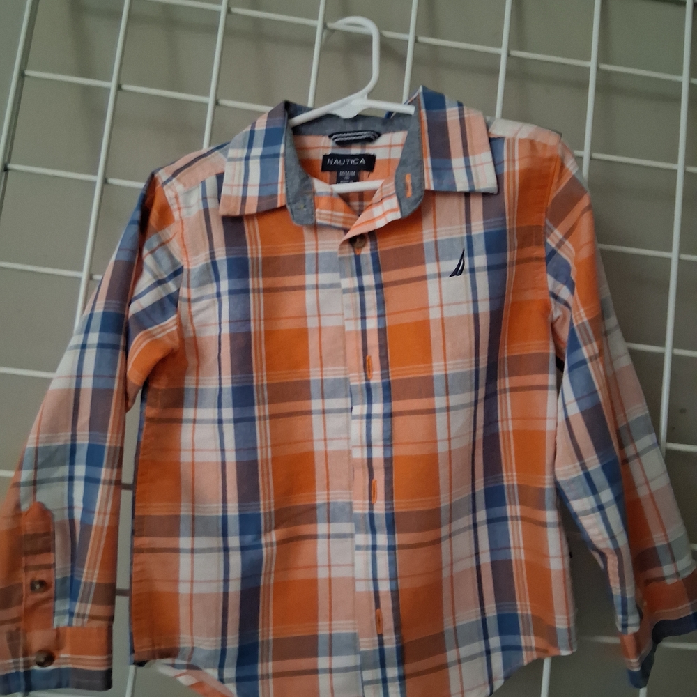 Nautica Kids Blue and Orange Plaid Button Down Shirt